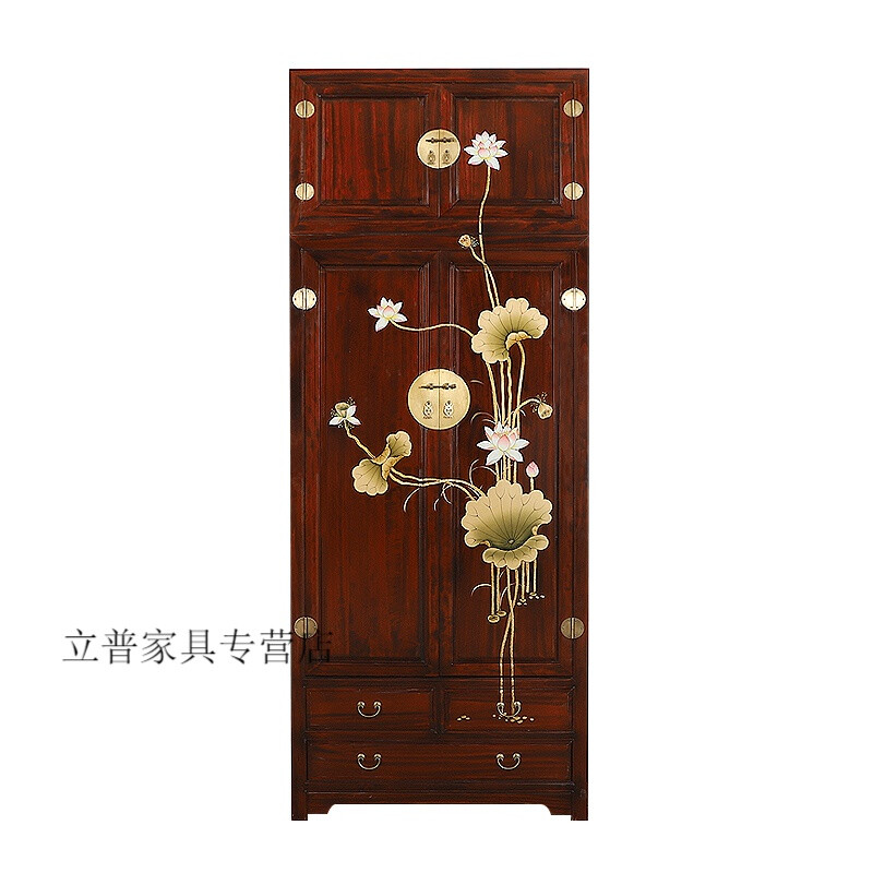 實(shí)木衣柜全實(shí)木新中式臥室全實(shí)木衣柜簡約現(xiàn)代衣櫥新中式手繪香樟木衣柜家用臥室雙門大衣櫥儲物防蟲蛀立柜子 花梨色荷花頂箱柜100*55*240 2門 整裝